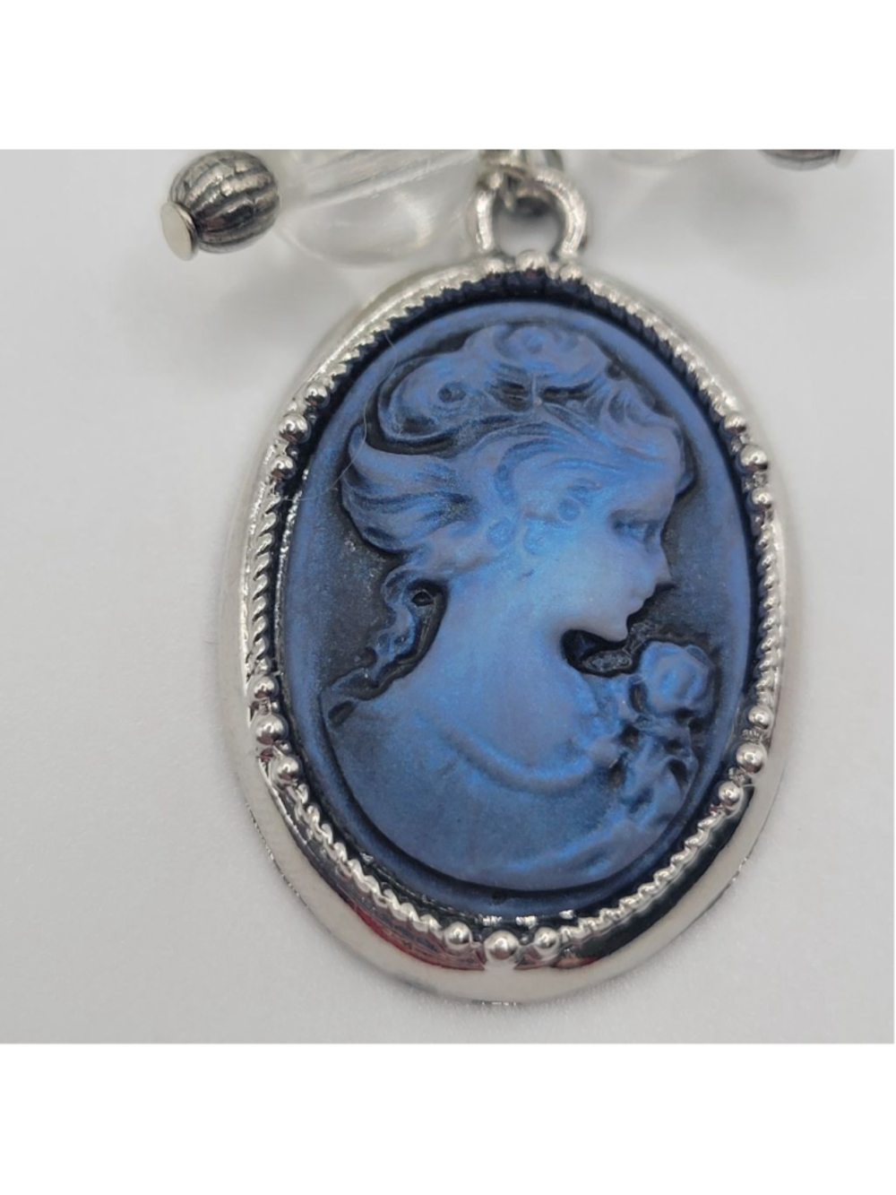 Blue Cameo Pendant Silver Tone Faux Pearl Charm Victorian Style